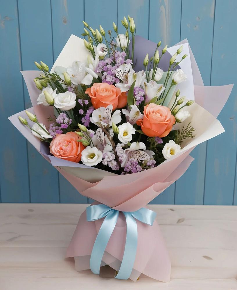 Букет цветов из: Лизиантусы, Розы, Альстромерии и Гипсофила в Старом Осколе